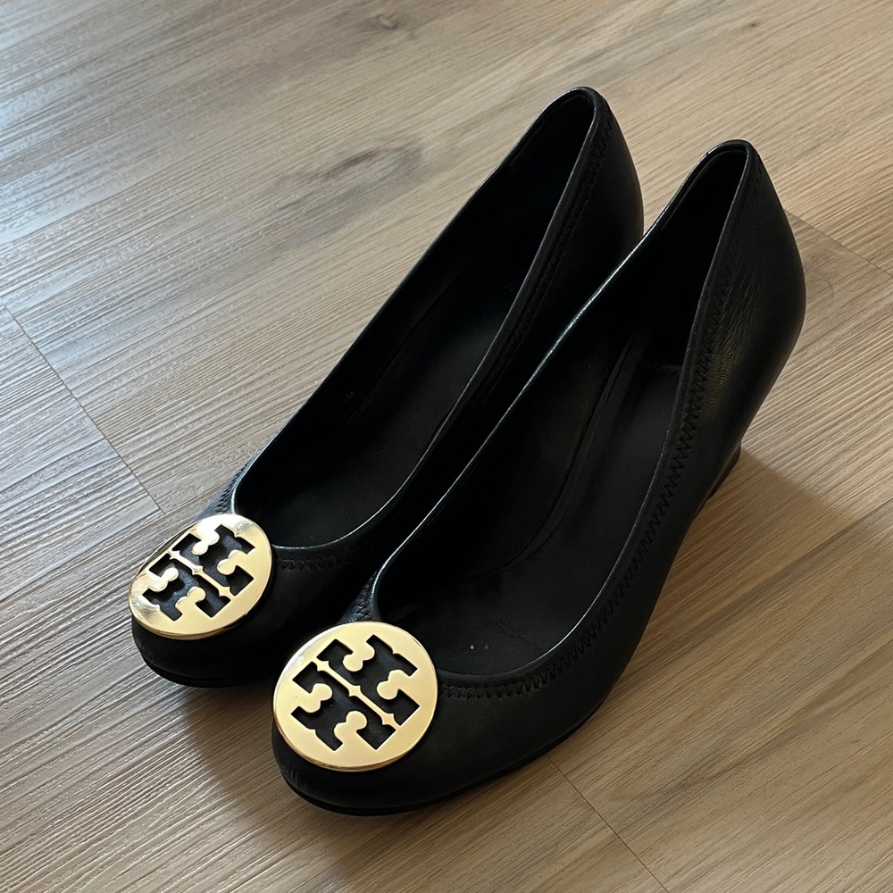 Tory Burch Sally Wedge Pump Black with Gold Emblem